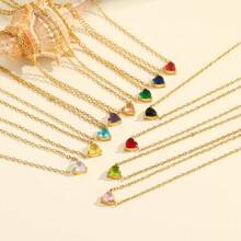 1pc Minimalist Stainless Steel 12 Birth Zodiac Birthstone Heart Pendant Necklace, Monthly Stone
