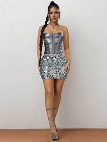 Rave Punk metallisches silbernes Haken und Öse Schnürung rückenfrei PU Leder Korsage Formwäsche Crop Clubwear Tube Top