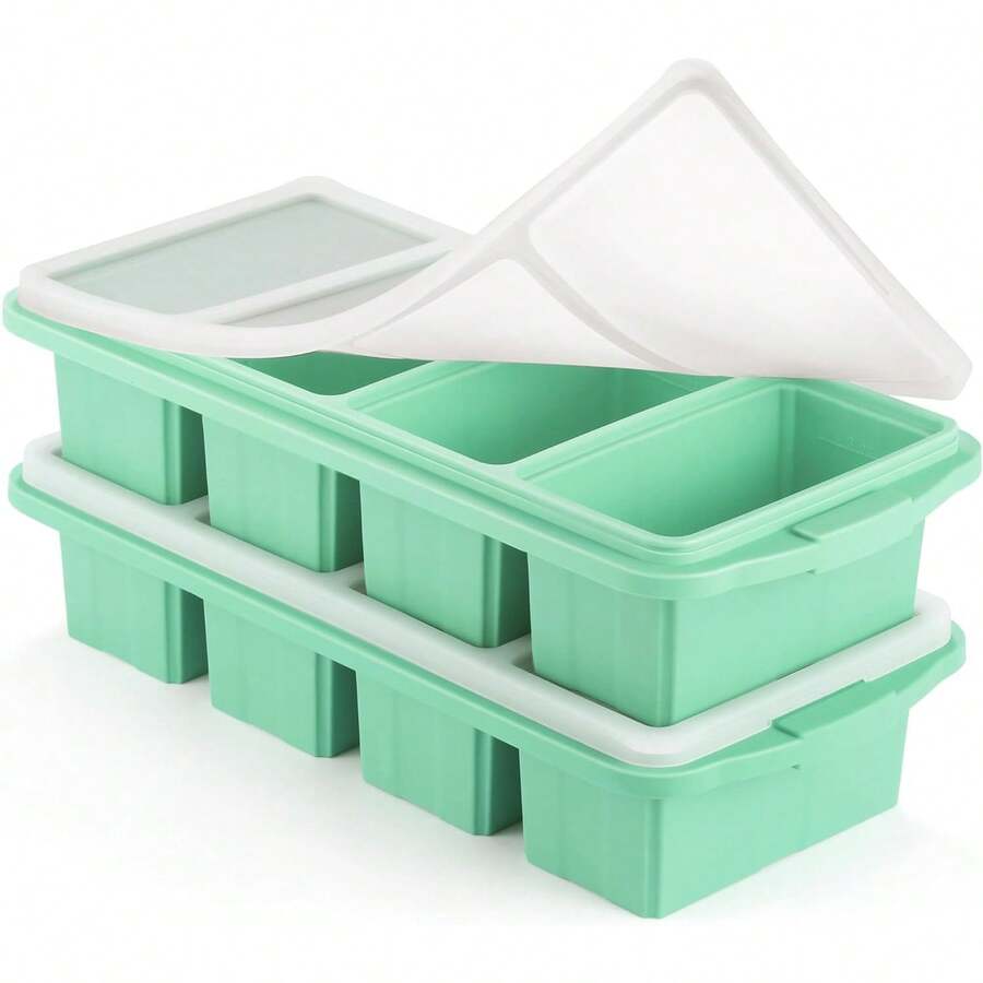 Silicone Freezer Tray With Lid - Silicone Freezer Food Molds- Large Ice Cube Tray,Silicone Freezer Container,Freeze & Store Soup, Sauce, Broth,Leftovers - Makes 4 Perfect 1 Cup - 2Gói-Màu ngọc lam - Xem 1