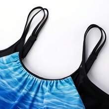 Womens Plus Size Striped Printed Strappy Tankini Top With Shorts Two Pieces Swimsuit - Blue Ripples - View 4