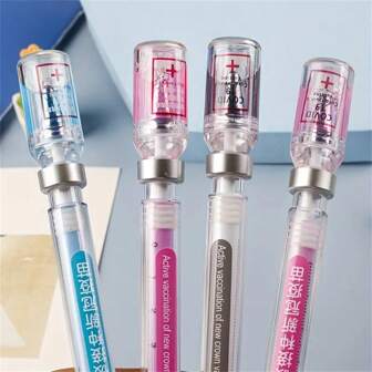 Innovative 4/2PCS Syringe With Neutral Pen To Simulate Virus Elimination, Syringe Design With Black Signature Pen And Vaccine Pen Randomly Distributed[Random Chinese And English Versions] School Supplies,Back To School