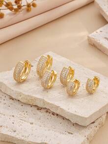 6pcs Gold-Tone Rhinestone Earrings Set, Sparkling Elegant Design, Minimalist Style, Lightweight Luxurious Feel, Versatile Daily Wear, Commuting Accessory, Ins Style, High-End Quality, Fashionable Item, Graceful Gift, Delicate Small Size, Niche Shining Earrings - Gold-set 4 - View 6