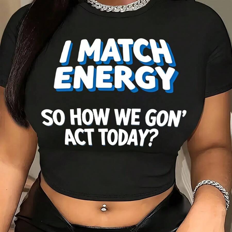 LocalY2K Women's Sexy Crop Top T-Shirt -  I Match Energy  Graphic Print Crew Neck Streetwear Tee, White & Blue Casual Summer Top For Women, Machine Washable Mother's Day Gift, Ladies T Shirts, Everyda - 黑色 - 查看 1