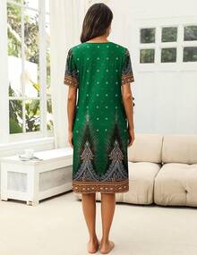 Women's House Dress With Pockets Moomoo Dresses Short Sleeve Mumu Nightgown Lounge Dress Button Down Sleepwear - Green - View 5