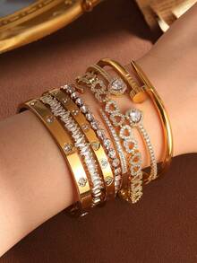 1 件时尚不锈钢 Y2K 手链腕带编织手链首饰套装，适合女性日常佩戴，个性化女士时尚首饰，防水夏季海滩度假配饰 - 金色 - 查看 2