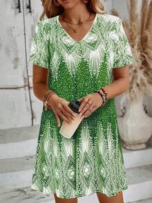 Plus Size Women Polka Dot & Geometric V-Neck Midi Dress, Elegant Short Sleeve Spring/Summer Knit Fabric, Medium Stretch - Green - View 3