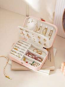 1 件多功能旅行首饰盒，珠宝耳环项链收纳盒，化妆口红皮革首饰收纳盒，大容量便携式皮革首饰盒带纽扣