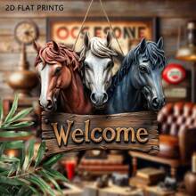 1 pezzo Insegna di benvenuto rustica a cavallo piatta 2D - Arte murale in stile fattoria in legno, decorazione per esterni resistente agli agenti atmosferici con quattro cavalli colorati e foglie verdi, perfetta per portico, giardino, casa - Regalo per gli amanti dei cavalli, decorazione per cavalli, estetica di campagna, materiale durevole, 2D piatto