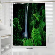 1pc/4pcs Charming Forest Waterfall With Green Leaves & Plant Pattern Bathroom Decorative Waterproof Shower Curtain Set, Includes 12 Hooks, Bathroom Anti-Slip Mat, U-Shaped Floor Mat And Round Toilet Lid Cover, Versatile Bathroom Set Back To School