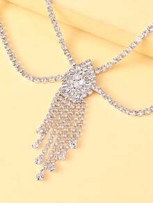 1pc Fully Rhinestoned Cross Back Chain With Water Drop Tassel, New Fashion Bridal Gown Body Chain - Silver - View 5