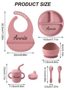Conjunto de vajilla personalizada para bebé de 6 piezas en silicona, incluye baberos impermeables, plato portátil, cubiertos blandos, bol con ventosa, taza con tapa a prueba de fugas. Multiusos, ornamental, con letras, elegante, moderno, colorido, kawaii, adorable, lindo, casual, personalizado, único, personalizado, niño, niña