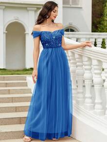 CHOSMO Elegant Solid Color Knit Fabric Backless Mesh & Sequin Patchwork Women's Dress, Suitable For Prom, Evening Gowns, Formal Occasions, Weddings, Parties, Anniversaries, Graduations, Festivals, Formal Dinners, Photoshoots, Galas, Concerts