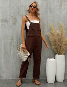 S.Gihuo Women's Linen Overalls Loose Fit Baggy Bib Wide Leg Jumpsuits Casual Summer Outfits 2025 - Brown - View 3