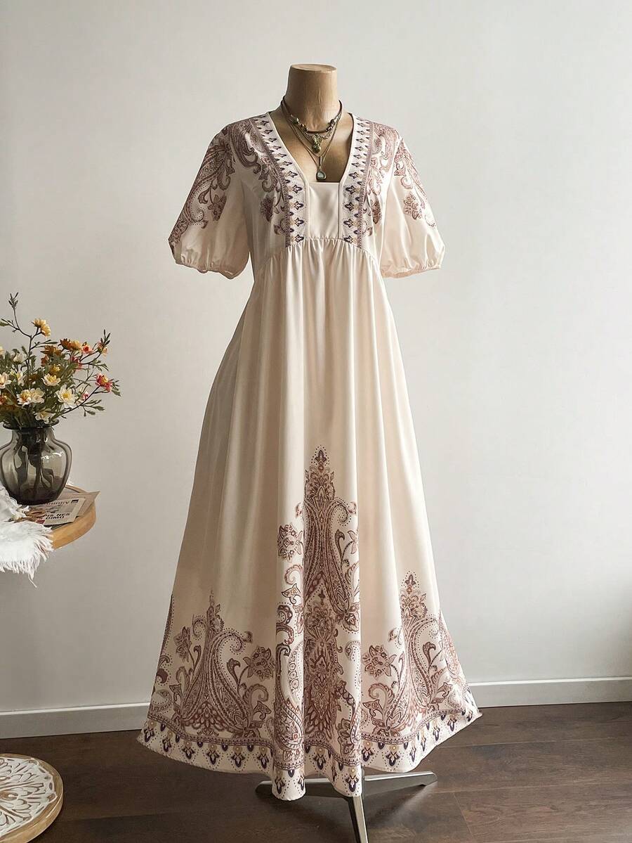 Rusttydustty Đầm ngắn tay dáng rộng thoải mái, phù hợp cho phụ nữ cỡ lớn, phong cách Bohemian, trang phục đi biển, lễ hội âm nhạc, kỳ nghỉ hè nhiệt đới. - Màu be - Xem 1
