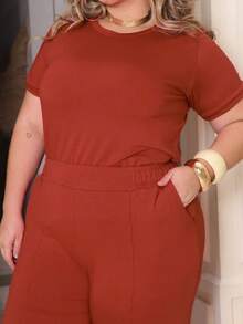 Women's Plus Size Set Of Sweatpants And Short-Sleeved Top - 屋頂的瓦片 - 查看 5
