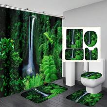1pc/4pcs Charming Forest Waterfall With Green Leaves & Plant Pattern Bathroom Decorative Waterproof Shower Curtain Set, Includes 12 Hooks, Bathroom Anti-Slip Mat, U-Shaped Floor Mat And Round Toilet Lid Cover, Versatile Bathroom Set Back To School