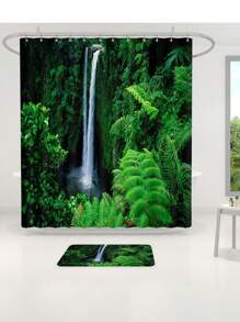 1pc/4pcs Charming Forest Waterfall With Green Leaves & Plant Pattern Bathroom Decorative Waterproof Shower Curtain Set, Includes 12 Hooks, Bathroom Anti-Slip Mat, U-Shaped Floor Mat And Round Toilet Lid Cover, Versatile Bathroom Set Back To School