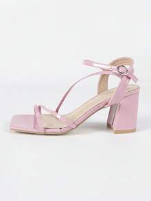 Women's Pink High Heel Sandals, Square Toe Chunky Heels, Elegant Ankle Strap Shoes For Wedding, Party, Fashion & Charming - Pink - View 6