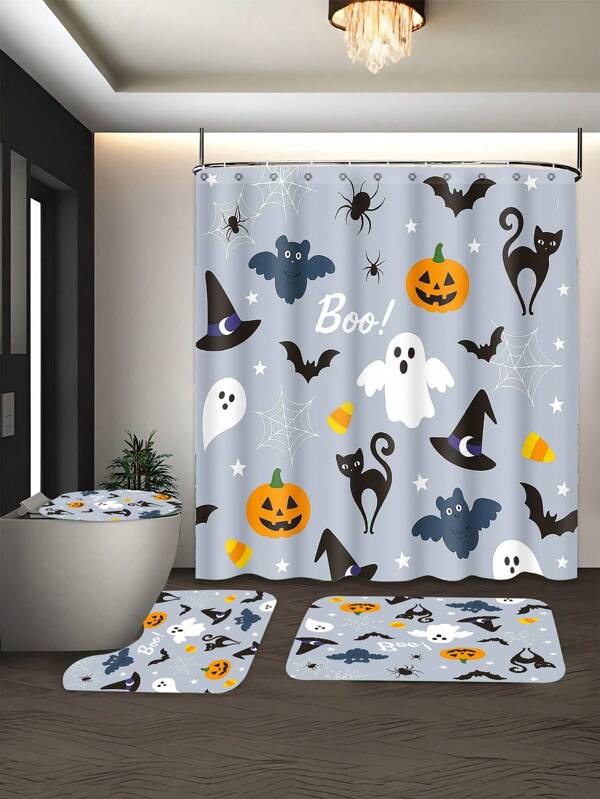 Set de 1/4 piezas de cortina de ducha con temática de Halloween con ganchos, de tela de poliéster, solo lavar a mano, con diseños de terror que incluyen fantasmas, murciélagos, calabazas y gatos negros - Accesorio decorativo de baño para volver al colegio
