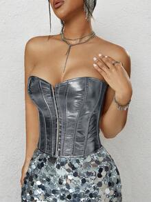 Rave Punk metallisches silbernes Haken und Öse Schnürung rückenfrei PU Leder Korsage Formwäsche Crop Clubwear Tube Top