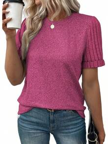 Women's Short Sleeve Summer Tops Crewneck Knit Solid Loose Casual Basic Shirts Tee Blouses - 粉色 - 查看 1