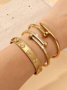 ZNICE 3pcs Set, 18K Gold Plated 5-Leaf Flower Stainless Steel Women's Bracelet, Double-Headed Zirconia Stud Bracelet, Waterproof & Fade Resistant, Suitable For Daily Wear, Party, Gift For Women, Relatives, Friends