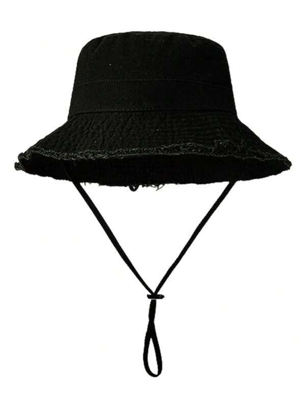 Chapeau seau en jean épais à imprimé léopard vintage avec bords effilochés, chapeau de soleil à large bord de style coréen, convient pour la randonnée en extérieur et la protection solaire, été