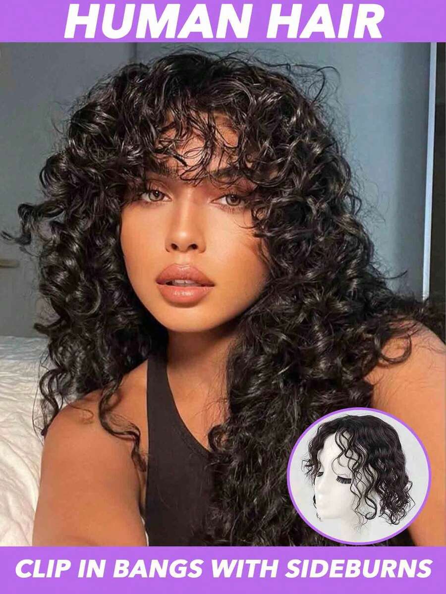 Hair Topper With Side Bangs Real Remy Human Hair Curly Wavy Hand Made Toupee Topper Wiglet Clip In Hairpieces Top Thin Loss Hairpiece Natural Black Water Wave Human Hair Toppers For Women Clip In Hair Extensions