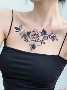 1pc Realistic Temporary Tattoo Sticker, Semi-Permanent Y2K Floral Pattern, Waterproof & Sweat-Resistant, Lasts 1-2 Weeks, Realistic Herbal Juice Effect, Friction-Resistant, Non-Reflective, Black, Unisex, Suitable For Arms, Chest, Legs, Abdomen, Waist, Fingers, Neck, Spine And Other Body Parts, Modernist Body Art - Black - View 3