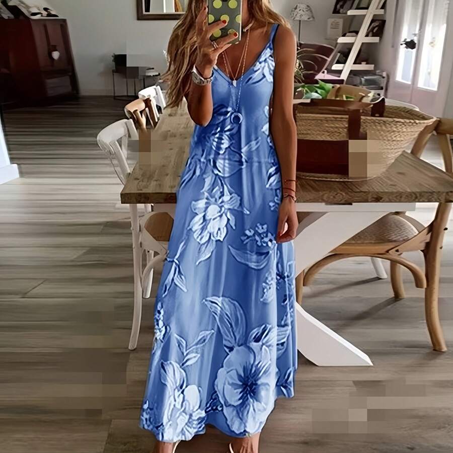 Women Sleeveless Slip Dresses Loose Fit Dresses For Women V-Neck Beach Hawaii Maxi Long Summer Autumn Dresses 2025 - Blue - View 1