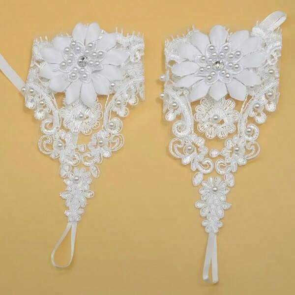 1 pieza Guantes nupciales románticos de encaje y perlas - Diseño de dedos abiertos ajustables, patrón floral elegante, ideal para boda, regalo del Día de San Valentín para novia o novia, regalo para dama de honor