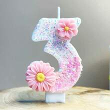 1pc Pink Flower Digit Birthday Cake Candle, Party Festival Birthday Decor Handmade Sparkling Glitter Candle - Pink Daisy - View 6