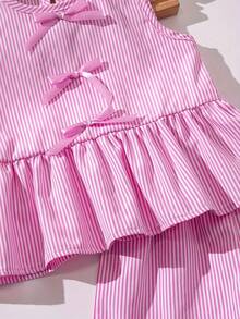 2 Piezas Conjunto de Fiesta y Verano: Parte superior con cuello redondo a rayas, volantes y lazo + Pantalones cortos a rayas con cordón y decoración de mariposa, adecuado para uso en exteriores - Rosa - Ver 7