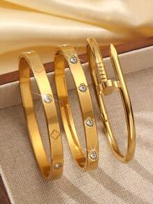Znice 3pcs 18K Gold Plated Stainless Steel Four-Leaf Clover Nail Bracelet, Suitable For Women's Party, Daily Wear, European And American Style, Personalized, Generosity, Luxury Wristband, Wedding Jewelry Set, Gift For Girls, Ladies, Relatives, Friends, Beautiful Wedding, Birthday, Valentine's Day, Mother, Mother's Day - Bracelet - View 10