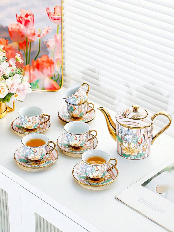 13pcs Flowering Floral Tea Cup And Saucer Set, Teaware, Ceramic Floral Tea Cup Set, Coffee Cup Set, 3oz Cups, 18oz Teapot