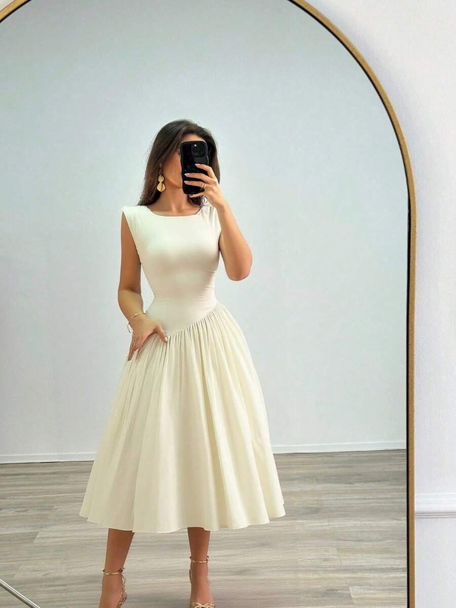 女士纯色露背吊带休闲度假通勤春夏连衣裙，优雅 - 米色 - 查看 1