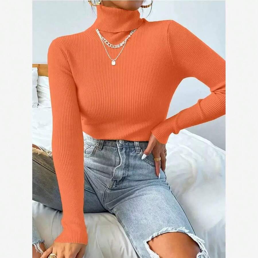 Women's Knitted Blouse High Neck Cacharrel Basic Wool Sweat Fashion Shipping!!! - Orange - View 1