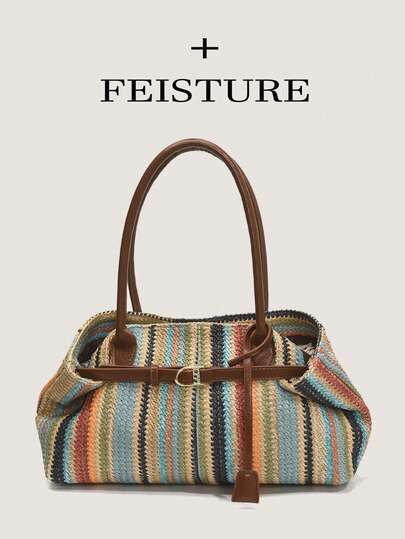 FEISTURE 1pc Colorful Woven Tote Bag, Large Capacity, Strap Decor, Magnetic Closure, Suitable For Daily Commute, Shopping, Vacation Travel