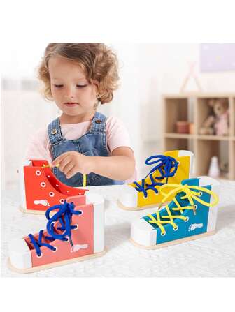 Wooden Shoe Lacing Tying Toy, Early Education Teaching Tool For Preschools, Life Skill Development, With Realistic Shoe Model For Lacing Games