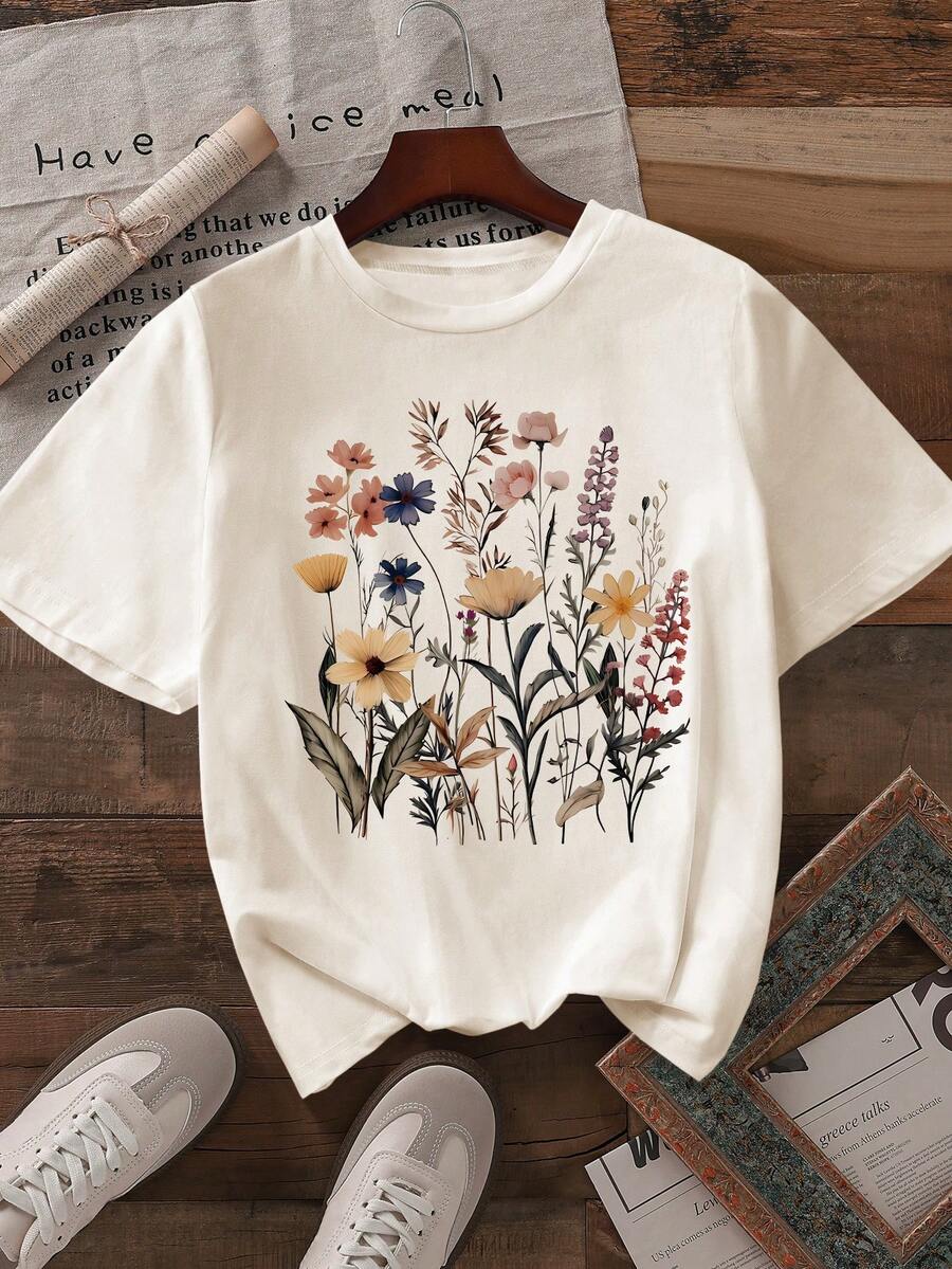 女士休闲短袖圆领 T 恤 - 杏色 - 查看 1