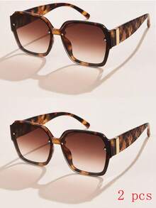 2 件装女士方形渐变大框复古经典休闲时尚眼镜，适合户外运动旅行 - 2件豹紋 - 查看 2