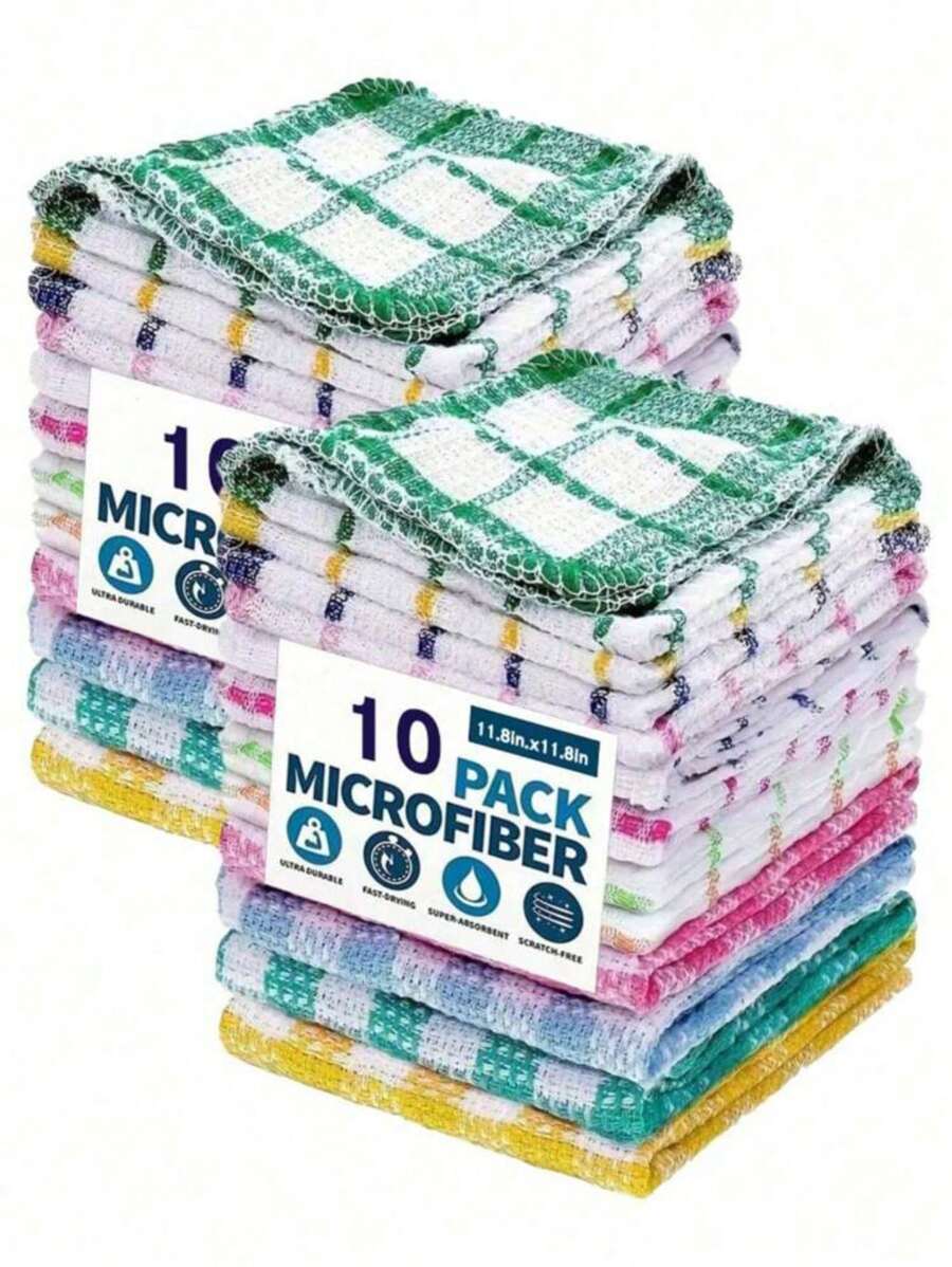10pcs Kitchen Double-Sided Dishcloth Checkered Scrubbing Cloth Multi-Functional Cleaning Cloth Car Cleaning Wiping Cloth (Random Color)