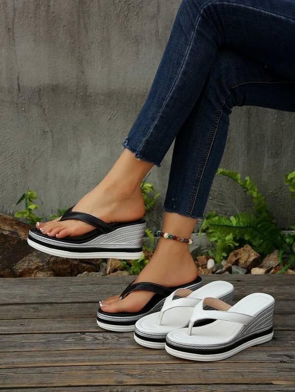 Sandali con zeppa da donna con decorazioni in perle, stile bohémien, punta aperta, fondo spesso, alla moda e versatili