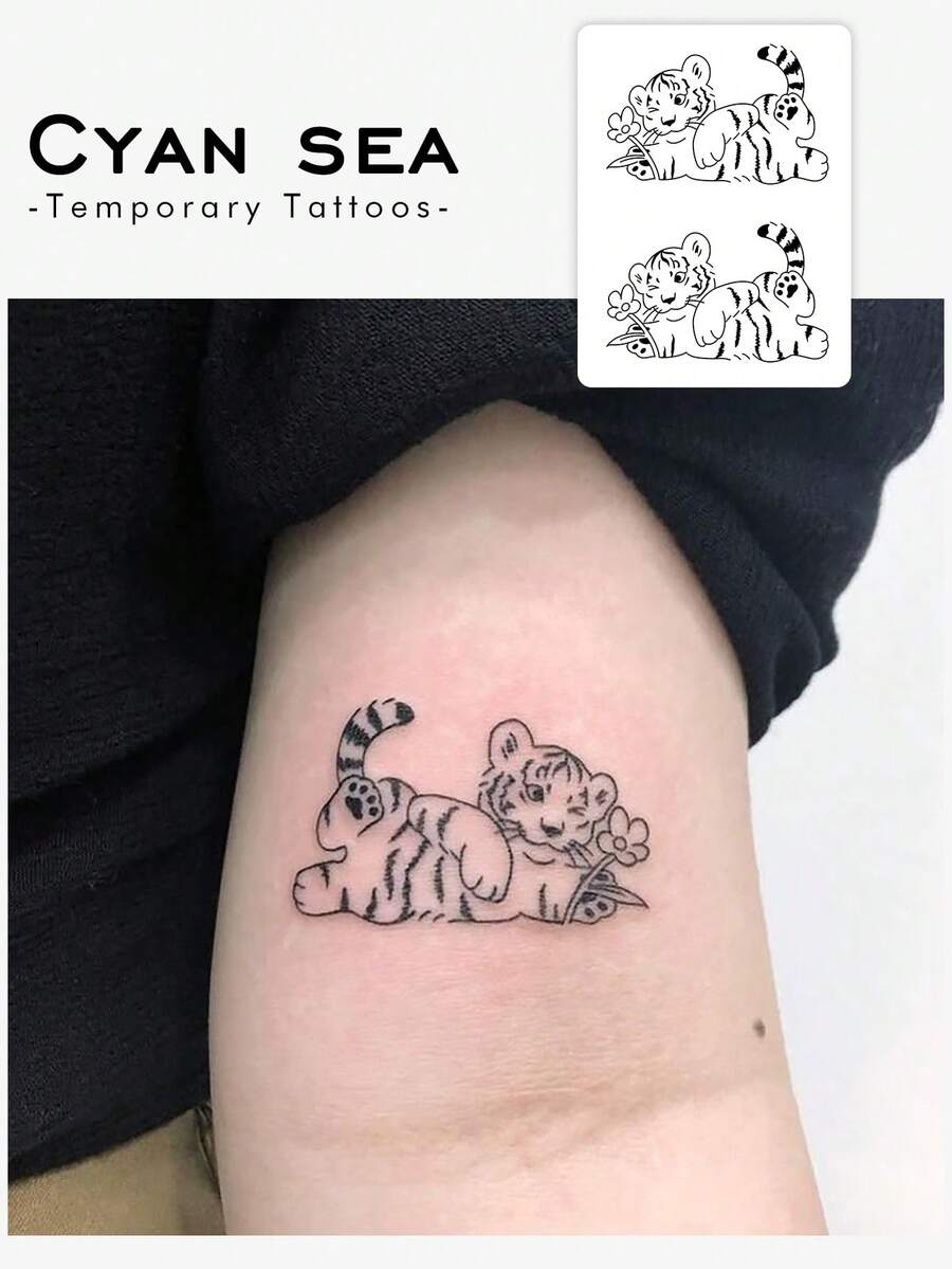1 件可移除防水临时纹身贴纸，可爱斜倚老虎和花朵图案，适合人们日常使用 - 黑色 - 查看 1
