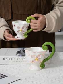 1 Set Creative Floral Hand-Painted Ceramic Coffee Mugs, Household High Handle Cups - Multicolor - View 3