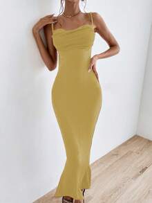 女士纯色翻领性感露背连衣裙，性感优雅，适合派对、度假和夜间外出，春夏款 - 黃色 - 查看 3