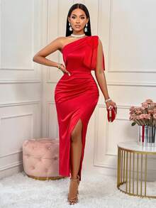 AIJ Amarilo 2024 Fall Women's Sexy Red Big Bow One Shoulder Pleated Split Thigh Satin Solid Dress For Party, Valentines Day, Christmas, Cocktail Party