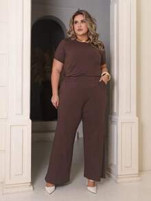 Women's Plus Size Set Of Sweatpants And Short-Sleeved Top - Coffee Brown - View 2