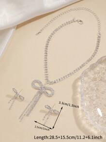 2pcs Women Elegant Necklace&Earrings Set, Double Bow Crystal Tassel Jewelry For Wedding Party,Bridal