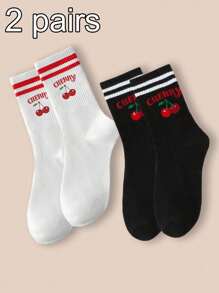 2 Paar Damen Socken mit süßem Kirschenmuster, geeignet für den täglichen Gebrauch